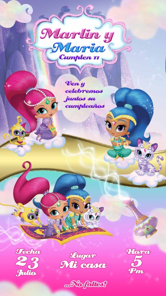 Tarjetas de Invitación de shimmer y shine PSD Editable - shimmer y shine invitations card