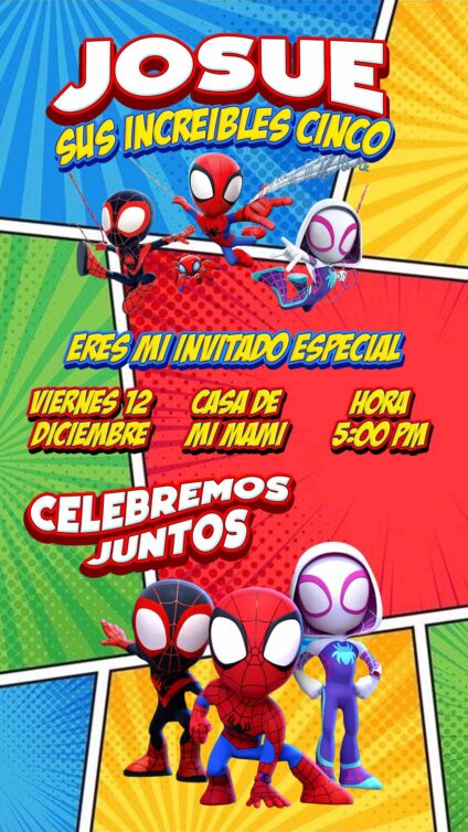 Plantilla Editable Tarjeta de Cumpleaños de Spidey y sus Sorprendentes Amigos PSD Todos los personajes