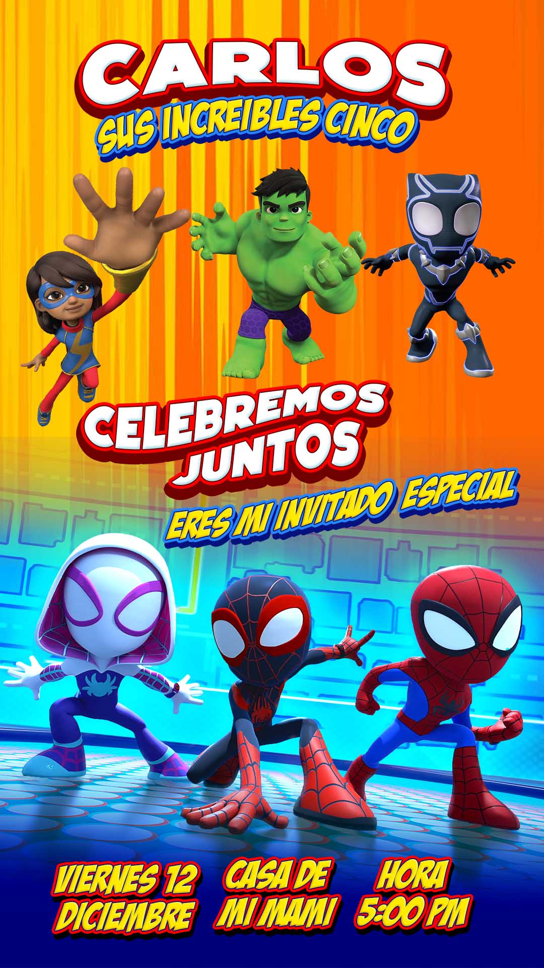 Plantilla PSD Spiderman Editable Tarjeta de Cumpleaños de Spidey y sus Sorprendentes Amigos