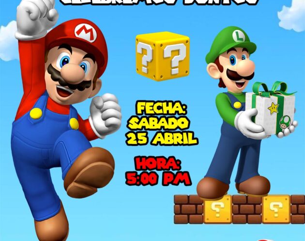Tarjeta de Invitacion Super Mario Bros para editar PSD Photoshop