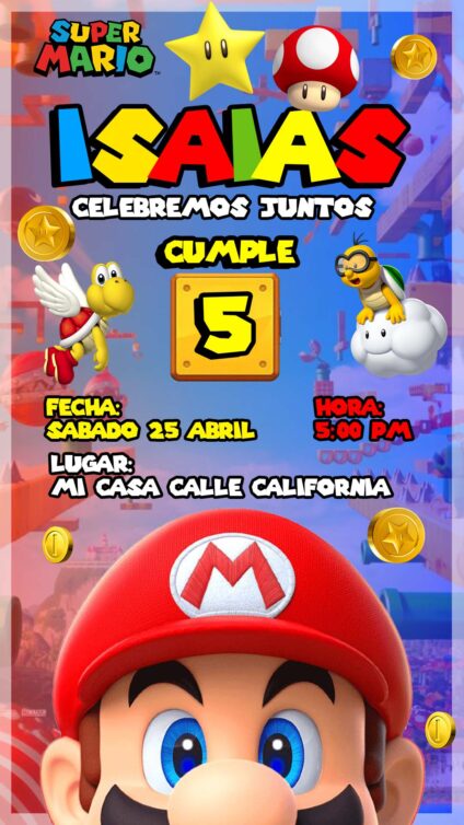 Tarjeta de Invitación Super Mario Bros para editar PSD Photoshop