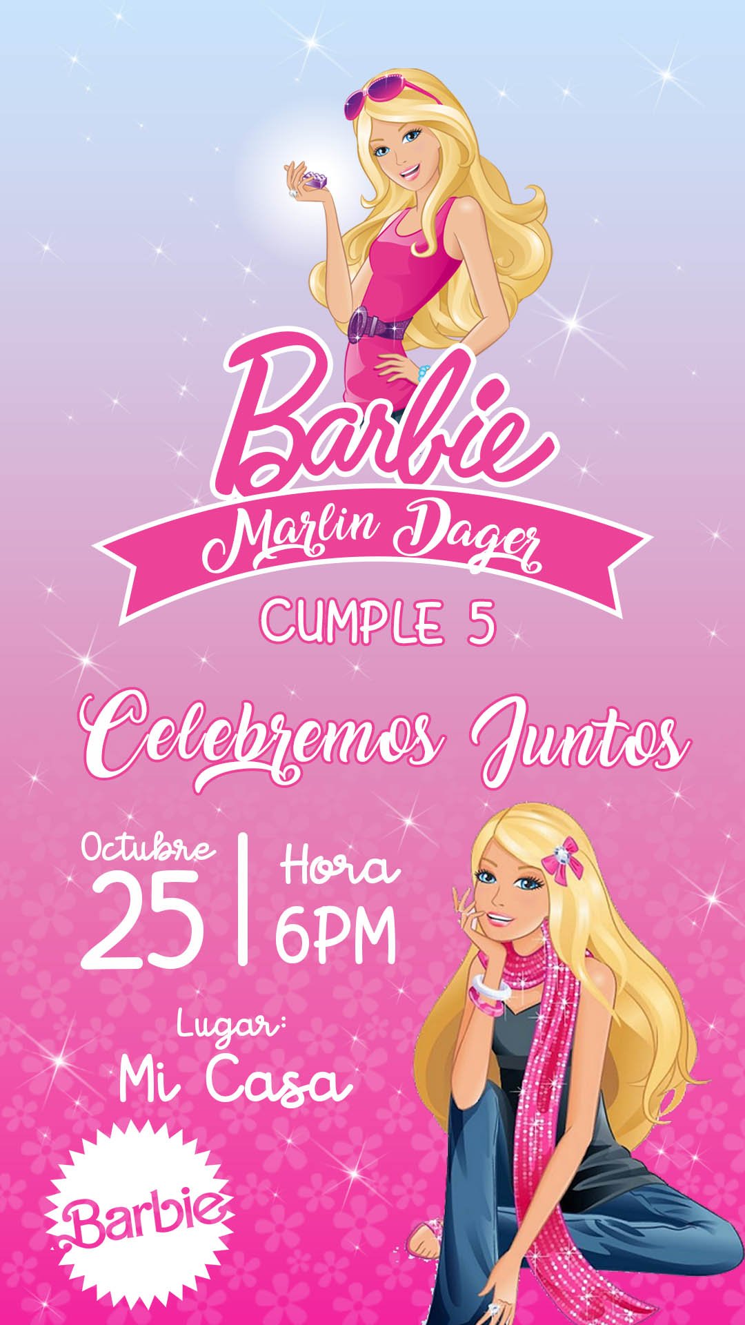 Tarjeta de Invitacion de Barbie PSD Editable