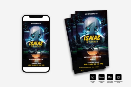 Plantilla Editable para Tarjeta de Invitación Robot Salvaje: Compatible con Canva y Photoshop