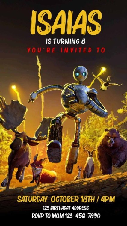 Plantilla PSD Invitación de Cumpleaños Película Robot Salvaje